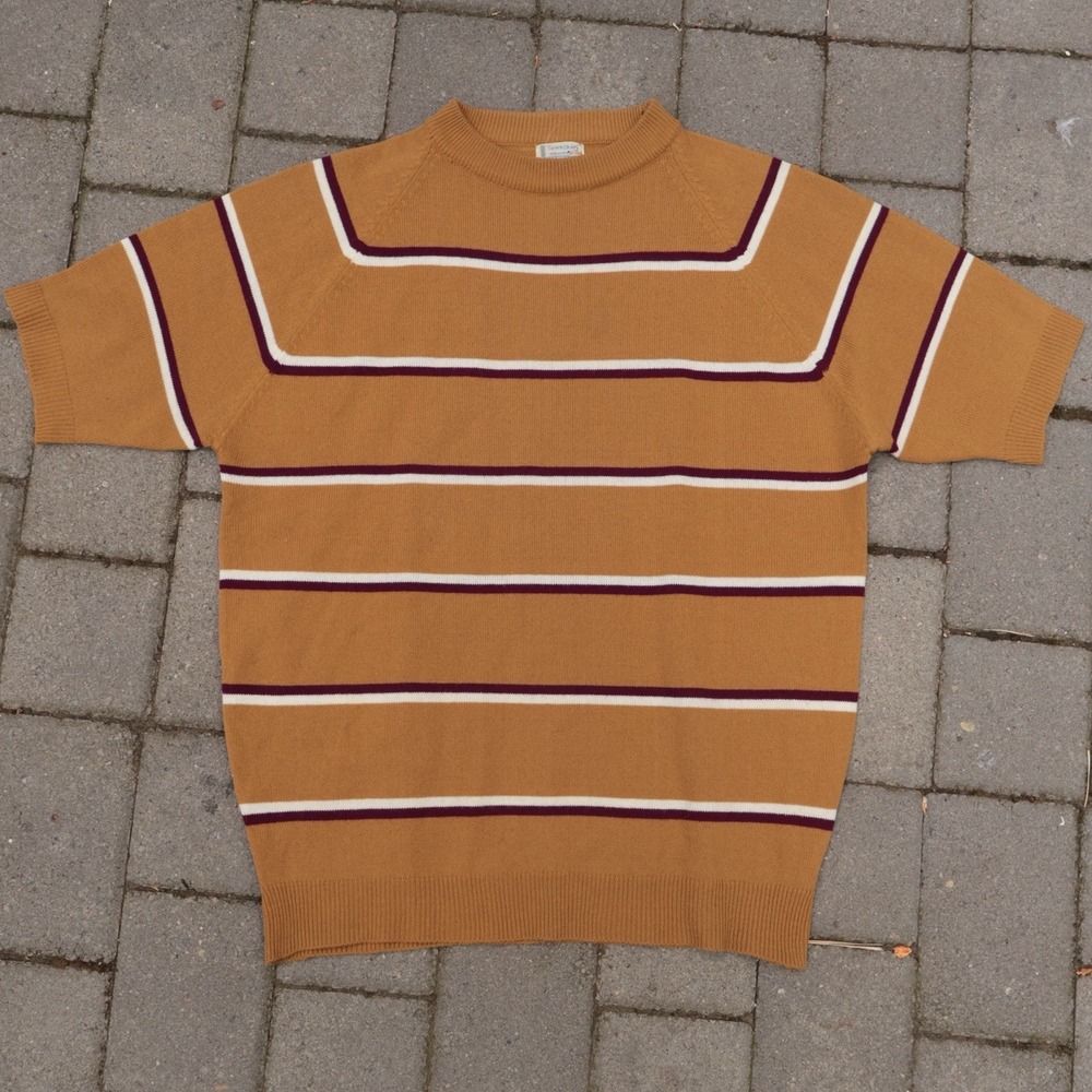 Vintage 70s Penney Town Craft Plus Short Sleeve Striped Knit Sweater Acrylic Med